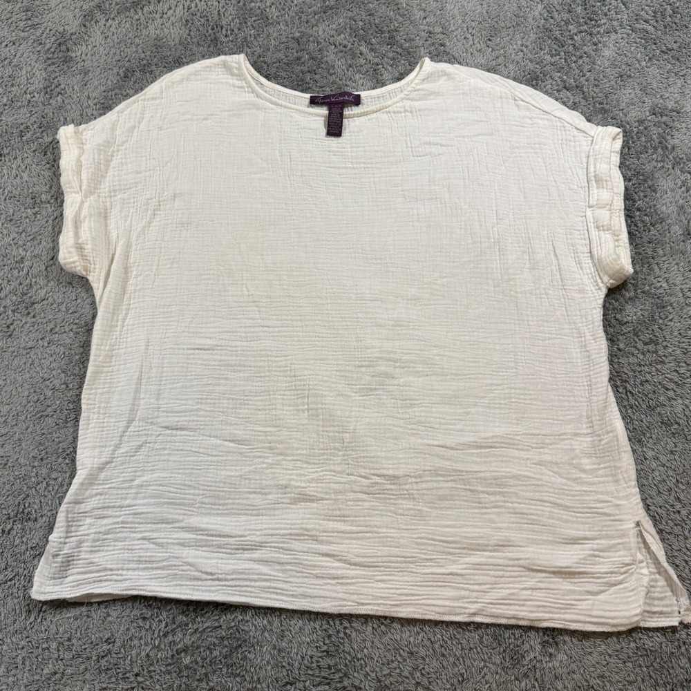 Gloria Vanderbilt Cotton Gauze Top White XL Short Sleeve Blouse Slit Boho Casual